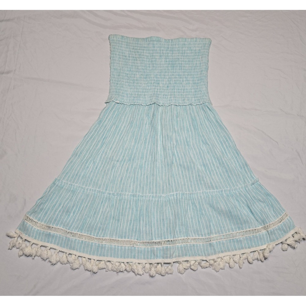 Blue Island Strapless Smocked Tassel Hem Dress Boho Stripe Medium Rayon Aqua ***